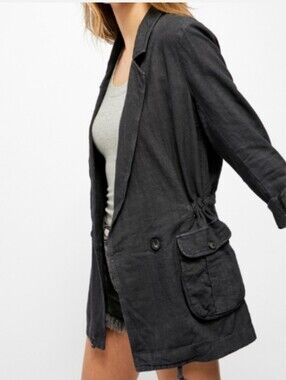 Free People Charly Boyfriend Blazer Linen Blend In Black Size M